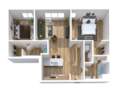 Floor plan for 2 beds, 2 baths, 1078 sqft